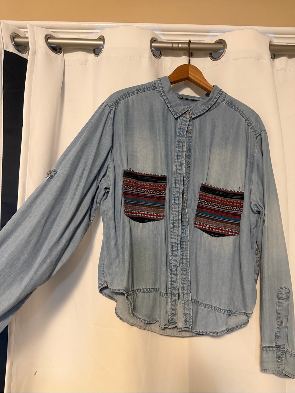 Light Wash Denim Button-Up Shirt with Serape pockets